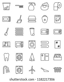 thin line vector icon set - soap vector, broom, fetlock, scoop, sponge, towel, trash bin, window cleaning, washer, liquid, shining, toilet paper, shower, microwave oven, tooth, windmill, dishwasher