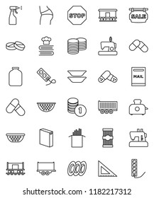 thin line vector icon set - washing powder vector, sprayer, colander, cookbook, plates, jar, pasta, corner ruler, coin stack, buttocks, pills, Railway carriage, truck trailer, stop, mailbox, toaster