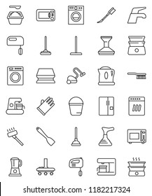 thin line vector icon set - plunger vector, water tap, vacuum cleaner, fetlock, mop, bucket, sponge, car, washing powder, rubber glove, spatula, microwave oven, double boiler, fridge, washer, mixer