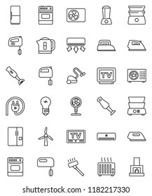thin line vector icon set - vacuum cleaner vector, iron, mixer, oven, double boiler, blender, tv, windmill, air conditioner, ari condition, fridge, power plug, fan, kettle, heater, bulb, fireplace