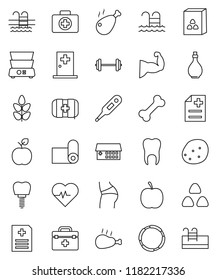 thin line vector icon set - oil vector, double boiler, cereal, potato, chicken leg, apple fruit, diet, barbell, heart pulse, muscule hand, buttocks, fitness mat, cereals, pool, first aid kit, bone