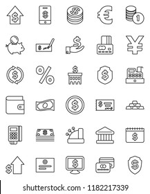 thin line vector icon set - certificate vector, bank, exchange, dollar coin, credit card, wallet, cash, piggy, investment, growth, stack, check, building, shield, calendar, monitor, euro sign, yen