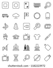 thin line vector icon set - cleaner trolley vector, towel, window cleaning, splotch, plates, knife, cutting board, bbq, school bus, magnifier, sand clock, dollar flag, t shirt, hoop, route, tv, rec
