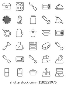 thin line vector icon set - sponge vector, water tap, pan, apron, cook glove, whisk, spatula, ladle, rolling pin, meat hammer, hand mill, toaster, microwave oven, spices, plates, sieve, dish, jar