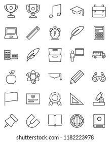 thin line vector icon set - book vector, graduate hat, pen, pencil, school building, blackboard, corner ruler, glasses, backpack, apple fruit, atom, microscope, calculator, notebook pc, alarm clock