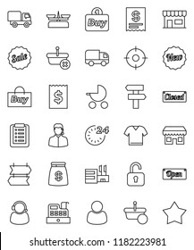 thin line vector icon set - receipt vector, money bag, sale, new, open, closed, 24 hour, store, mall, customer, support, target, buy, cashbox, basket, shopping list, delivery, unlock, baby stroller