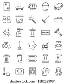 thin line vector icon set - plunger vector, scraper, cleaner trolley, vacuum, rake, bucket, sponge, towel, trash bin, water tap, car fetlock, shining, window cleaning, splotch, welcome mat, steaming