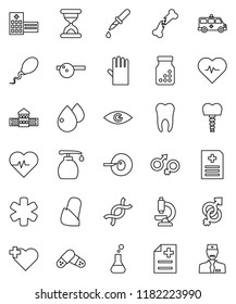 thin line vector icon set - liquid soap vector, rubber glove, school building, heart pulse, cross, ambulance star, flask, eye, gender sign, dna, insemination, dropper, broken bone, sand clock, pills