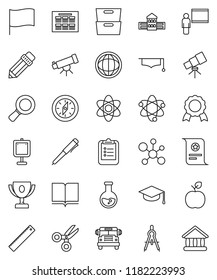 thin line vector icon set - book vector, graduate hat, pencil, school building, blackboard, ruler, drawing compass, apple fruit, atom, pen, telescope, schedule, clipboard, award cup, medal, scissors