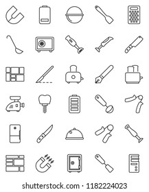 thin line vector icon set - camping cauldron vector, spatula, ladle, knife, grater, toaster, blender, dish, pen, magnet, safe, hand trainer, consolidated cargo, battery, scalpel, tooth implant