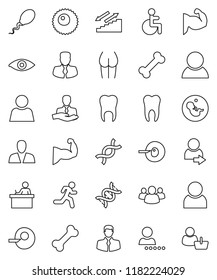 thin line vector icon set - student vector, manager, muscule hand, buttocks, stairways run, bone, client, group, disabled, eye, dna, pregnancy, insemination, sperm, ovule, tooth, user, login