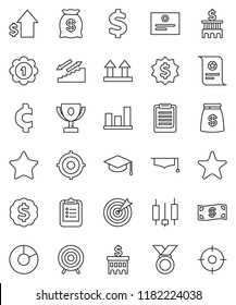 thin line vector icon set - graduate hat vector, clipboard, award cup, certificate, graph, pie, japanese candle, dollar growth, bank building, target, medal, cent sign, stairways run, top, favorites