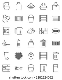 thin line vector icon set - bucket vector, trash bin, garbage pile, measuring cup, jug, sieve, jar, water bottle, sea container, port, wood box, consolidated cargo, package, oil barrel, shelving
