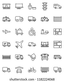 thin line vector icon set - school bus vector, bike, Railway carriage, plane, traffic light, ship, truck trailer, sea container, delivery, car, port, consolidated cargo, disabled, amkbulance, garage