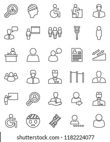 thin line vector icon set - blackboard vector, student, manager, man, personal information, horizontal bar, stairways run, client, speaking, group, disabled, doctor, crutches, head bandage, user