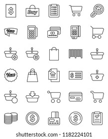 thin line vector icon set - dollar coin vector, cart, credit card, stack, receipt, estate document, search, new, shopping bag, buy, barcode, reader, basket, list