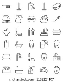 thin line vector icon set - soap vector, fetlock, mop, sponge, water tap, car, bath, toilet brush, liquid, paper, shower, sink, tooth, epilator