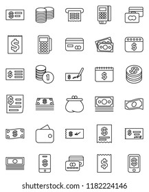 thin line vector icon set - credit card vector, cash, coin stack, check, receipt, dollar calendar, money, wallet, reader, tap pay