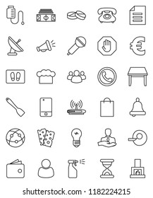 thin line vector icon set - welcome mat vector, sprayer, cook hat, spatula, bell, document, wallet, euro sign, stadium, breads, phone, client, microphone, internet, mobile, group, insemination, stop