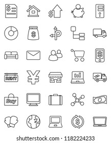 thin line vector icon set - notebook pc vector, world, exchange, pie graph, laptop, cash, piggy bank, case, dollar growth, annual report, yen sign, boxing glove, route, delivery, group, network, buy