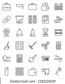 thin line vector icon set - scoop vector, rake, trash bin, drying clothes, cleaning agent, towel, cook press, oven, graduate hat, case, bell, scissors, calculator, calendar, battery, sand clock, key