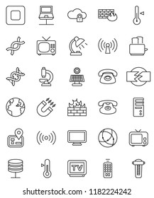 thin line vector icon set - toaster vector, thermometer, table lamp, magnet, navigator, earth, tv, remote control, classic phone, stop button, dna, microscope, connection, notebook network, server