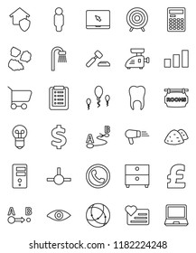 thin line vector icon set - garbage pile vector, calculator, archive, auction, man, pound, dollar sign, target, heart monitor, sorting, route, notebook pc, eye, sperm, tooth, connect, connection