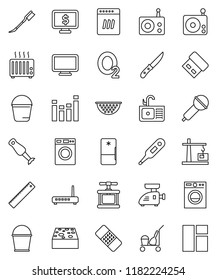 thin line vector icon set - cleaner trolley vector, bucket, sponge, car fetlock, washer, sink, colander, cook press, knife, blender, ruler, monitor dollar, oxygen, microphone, radio, equalizer, usb