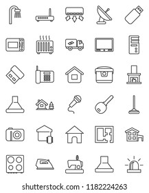thin line vector icon set - mop vector, iron, oven, cottage, chalet, plan, key, bath, relocation truck, fireplace, smart home, hood, multi cooker, microwave, air conditioner, camera, phone, computer