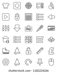thin line vector icon set - microwave oven vector, ruler, bell, calculator, target, arrow down, pound, roller Skates, calendar, settings, thumbtack, play button, rec, disabled, syringe, menu, redo