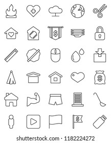 thin line vector icon set - splotch vector, plates, towel, ladle, ruler, flag, man, dollar, muscule hand, shorts, earth, dry cargo, package, flammable, heart, play button, cross, scissors, home, usb