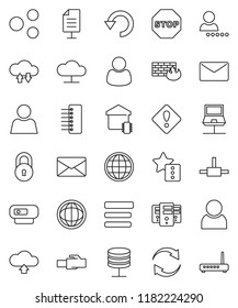 thin line vector icon set - world vector, connect, notebook network, server, cloud, exchange, menu, firewall, hub, lan connector, share, favorites, refresh, undo, upload, mail, globe, document, lock