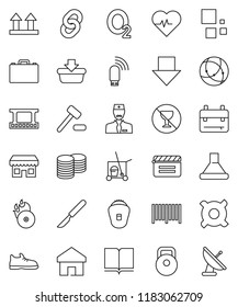 thin line vector icon set - cleaner trolley vector, book, case, backpack, coin stack, arrow down, any currency, heart pulse, weight, snickers, no alcohol sign, oxygen, top, cinema clap, film frame