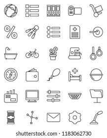 thin line vector icon set - camping cauldron vector, colander, pasta, compass, constellation, wallet, binder, bike, shuttlecock, gymnast rings, insemination, anamnesis, hospital bed, sperm, gear
