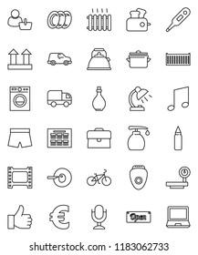 thin line vector icon set - liquid soap vector, plates, pan, kettle, oil, table lamp, schedule, music, case, euro sign, bike, punching bag, shorts, sea container, car, top, big scales, film frame