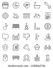 thin line vector icon set - scraper vector, bath, toilet brush, ladle, thermometer, bbq, glasses, microscope, medal, music, personal information, dollar coin, bank building, target, weight, phone 24