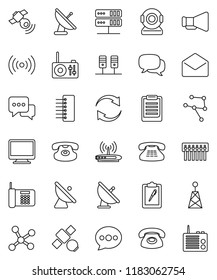 thin line vector icon set - clipboard vector, satellite, antenna, satellitie, loudspeaker, dialog, classic phone, mail, network, server, hub, message, refresh, wireless, monitor, web camera, router