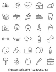 thin line vector icon set - cereal vector, egg, potato, oil, barbell, heart pulse, buttocks, water bottle, fitness mat, cereals, pool, first aid kit, bone, hoop, run, doctor bag, thermometer, tooth