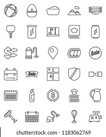 thin line vector icon set - scraper vector, vacuum cleaner, foam basin, cleaning agent, plates, shining window, cook timer, cookbook, jug, backpack, exchange, punching bag, enegry drink, calendar