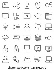 thin line vector icon set - laptop graph vector, monitor dollar, cursor, heart, top sign, notebook pc, favorites, network, folder, server, big data, lan connector, share, cloud download, loading