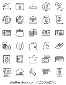 thin line vector icon set - certificate vector, bank, dollar coin, gold ingot, japanese candle, credit card, wallet, money bag, stack, check, receipt, safe, calendar, cursor, pound, cash, percent