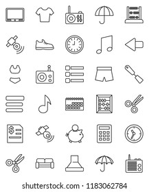 thin line vector icon set - spatula vector, scissors, abacus, music, piggy bank, annual report, clock, snickers, shorts, swimsuite, t shirt, calendar, umbrella, radio, satellitie, menu, arrow, hood