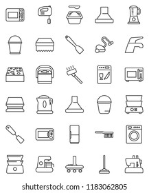 thin line vector icon set - water tap vector, vacuum cleaner, fetlock, mop, bucket, sponge, washing powder, spatula, microwave oven, double boiler, fridge, washer, dishwasher, mixer, coffee maker