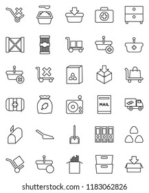 thin line vector icon set - scoop vector, washing powder, cereal, pasta, archive, binder, first aid kit, wood box, cargo, no trolley, package, radio, mailbox, relocation truck, basket