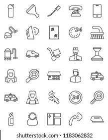 thin line vector icon set - scraper vector, vacuum cleaner, fetlock, car, window cleaning, steaming, agent, woman, dollar cursor, phone 24, cargo search, mobile, hospital building, amkbulance, hour