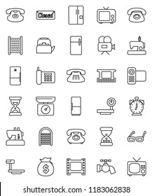 thin line vector icon set - water tap vector, washboard, kettle, glasses, alarm clock, money bag, sand, phone, big scales, film frame, tv, video camera, classic, fridge, closed, kitchen