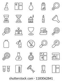 thin line vector icon set - scraper vector, window cleaning, shining, oil, measuring cup, hand mill, spices, jar, magnifier, flask, no alcohol sign, glass, cargo search, vial, sand clock, potion