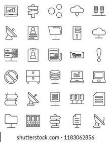thin line vector icon set - notebook pc vector, document, archive, personal information, laptop graph, binder, prohibition sign, signpost, attention, satellite antenna, newspaper, server, cloud