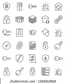 thin line vector icon set - certificate vector, personal information, dollar shield, protected, link, big data, server, chain, lock, unlock, key, siren, smart home, protect, password