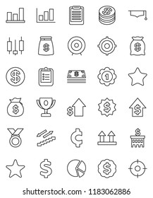 thin line vector icon set - graduate hat vector, clipboard, award cup, graph, pie, japanese candle, money bag, dollar growth, bank building, target, medal, cent sign, stairways run, top, favorites